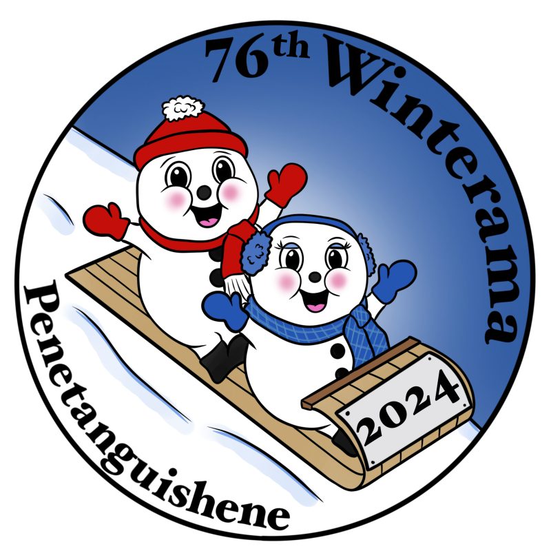 Two cartoon snowmen on a tobaggan, a 76th annual Winterama button design