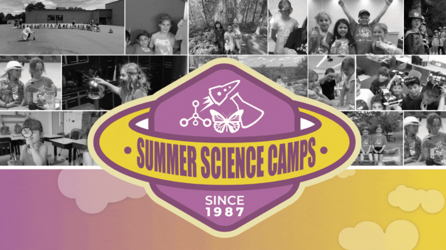 A mosaic of black and white images with the Science North Summer Camp logo