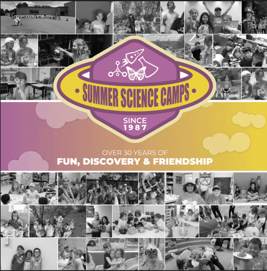 A mosaic of black and white photos of kids having fun with the Science North Summer camp logo on top